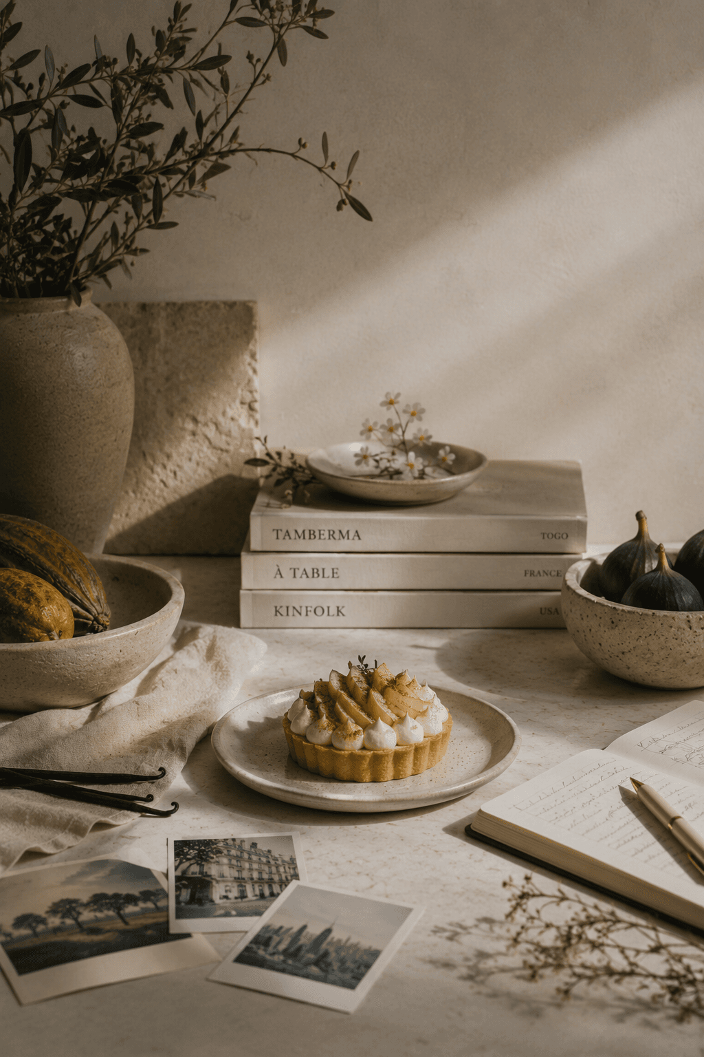Still life with pastry, notebooks, books for Togo, France, and USA, fruit, flowers, and handwritten notes